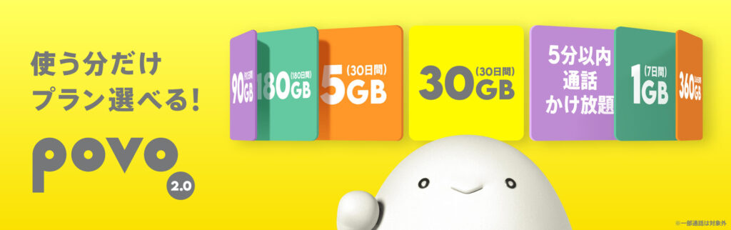 povoの料金プラン:90GB、30GB、5GB、30GB、1GBなど、選べるデータ容量と通話かけ放題オプション。